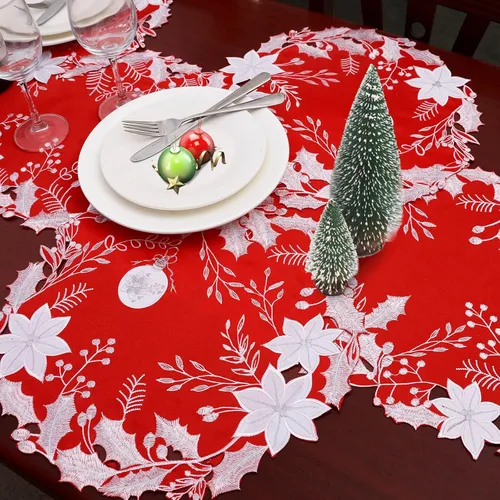 Miniatura 3 de Centros de mesa bordados navideños con diseño de flor de Pascua, redondos, juego de 4 (flor de Pascua C)