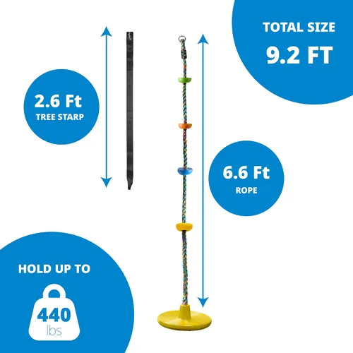 Miniatura 4 de Jungle Gym Kingdom Columpio de Árbol para Niños - Asiento de Disco Individual y Set de Cuerda de Escalada Arcoíris con Mosquetón y Correa de 2.6