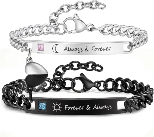 MEALGUET Pulseras a juego para parejas para hombres y mujeres: juego de pulseras de cadena de eslabones cubanos de acero inoxidable para novio,