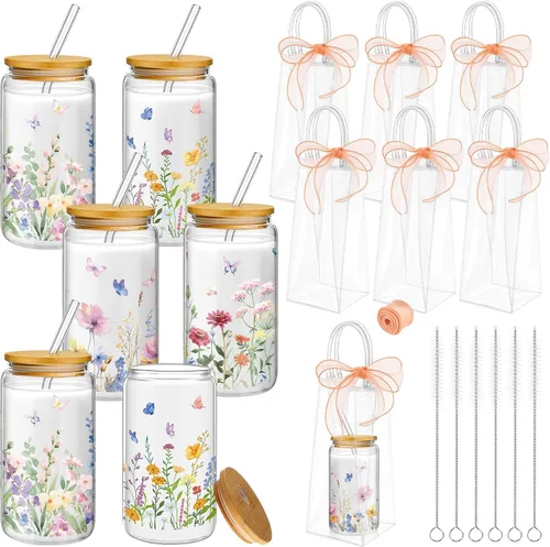 Miniatura 12 de Mumufy 6 Juegos de Tazas de Vidrio Florales Bohemias con Bolsa de Regalo Transparente de 16 onzas, Tazas de Café Helado Reutilizables con Flores