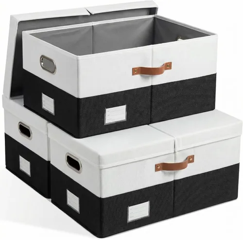 Miniatura 26 de PRANDOM Contenedor de almacenamiento plegable con tapa [1 unidad] Caja de almacenamiento decorativa de tela de lino, cesta organizadora con asas