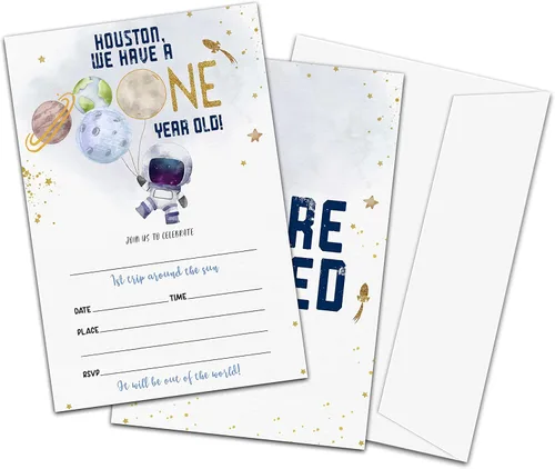 Invitaciones de cumpleaños con sobres (paquete de 20), espacio exterior de 4 x 6 pulgadas, 1ª invitación de fiesta de doble cara, invitaciones de
