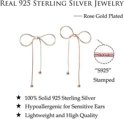 Miniatura 7 de Reffeer Solid 925 Sterling Silver Bow Drop Earrings Dangle for Women Teens Bowknot Dangle Earrings Studs
