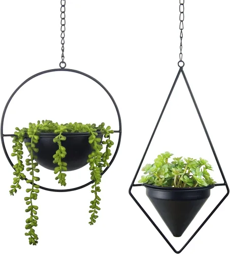 Miniatura 8 de Juego de 2 macetas colgantes modernas de metal, colgantes geométricos redondos y ovalados con macetas de 5 pulgadas, soportes negros para pared