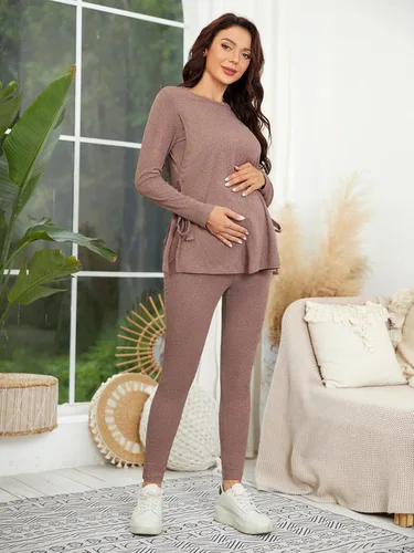 Miniatura 3 de OYOANGLE Conjunto de camiseta de maternidad con cuello redondo y nudo lateral para mujer