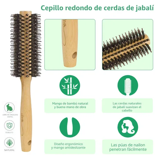 Miniatura 2 de Vista Cepillo redondo de bambú con peine de cola de alfiler, cepillo de cerdas de jabalí natural, cepillo redondo para secado por soplado