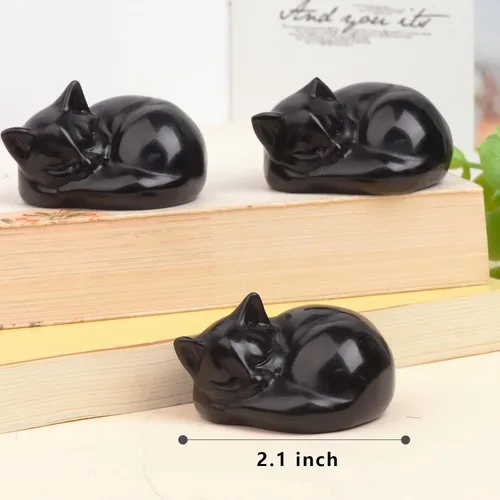 Miniatura 2 de Estatua de cristal de gato de obsidiana negra de 2 pulgadas, decoraciones de gato de cristal curativo, obsidiana tallada a mano pulida, figuras