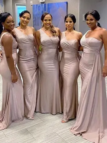 Miniatura 4 de Vestidos de dama de honor de un hombro, vestidos formales largos de satén de sirena, vestido de graduación plisado para mujeres de boda