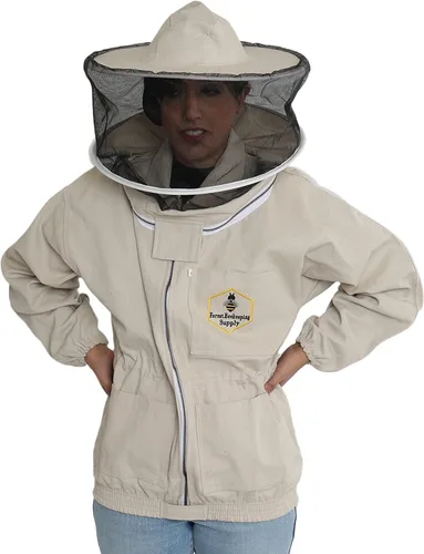 Miniatura 3 de Chaqueta de apicultura con velo redondo y guantes, chaqueta de abeja de lona natural con cremalleras de latón YKK duraderas para apicultores