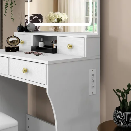 Miniatura 6 de Panana Juego de escritorio de tocador con espejo iluminado LED ajustable, tocador de maquillaje para niñas con taburete y 4 cajones
