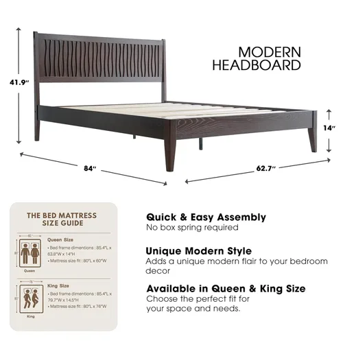 Miniatura 2 de Base de cama de plataforma de madera maciza tamaño King con cabecero y estribo, 12 listones resistentes, patas centrales de metal, almacenamiento