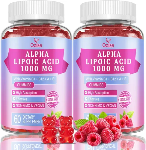 Gomitas de ácido alfa lipoico de 1000 mg con vitamina B1, B12, A, E, suplemento de ALA masticable de alta absorción sin azúcar para apoyo