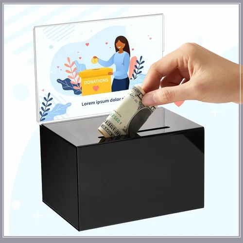 Miniatura 7 de Tuanse Caja de donación de acrílico con candado y soporte para letreros, tarro, rifa, boletos, cajas transparentes para recaudación de fondos, Negro