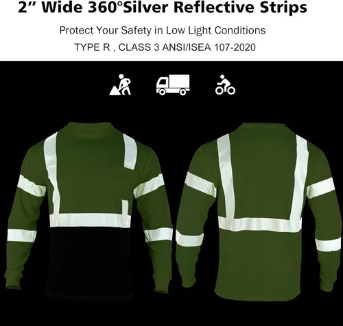 Miniatura 5 de VENDACE Camisetas de seguridad reflectantes de alta visibilidad con manga larga ANSI Clase 3 Hi Vis para trabajo en construcción, camisetas