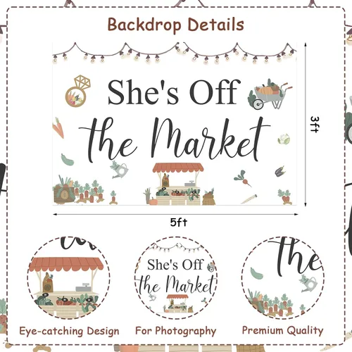 Miniatura 4 de Decoraciones de despedida de soltera con texto en inglés "She's Fresh Off The Market", telón de fondo de despedida de soltera para mujer, decoración