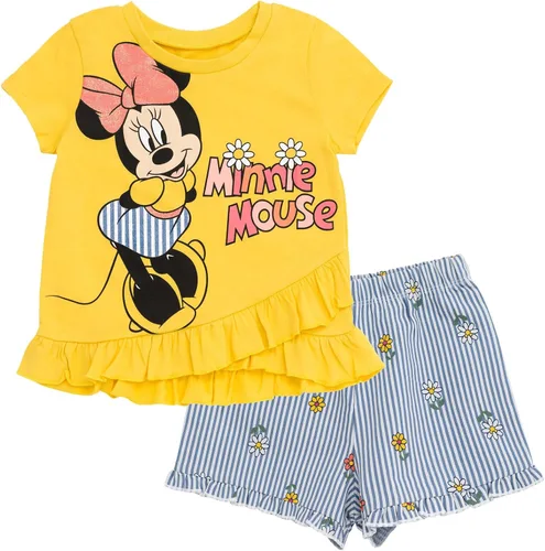 Miniatura 72 de Disney Minnie Mouse - Conjunto de camiseta floral arcoíris y pantalones cortos de cambray, tallas de bebé a niño grande (12 meses - 14-16)