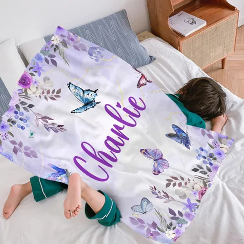 Miniatura 6 de Manta personalizada de franela de vellón de mariposa para bebé, manta de regalo personalizada con nombre, manta ligera y suave, bonita manta