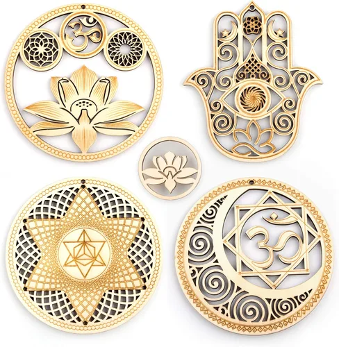 Juego de 4 piezas de arte de pared de geometría sagrada de "5.31" pulgadas, (Loto Sagrado, Mano Hamsa, Estrella del Alma, Unión Sol Luna) rejilla de