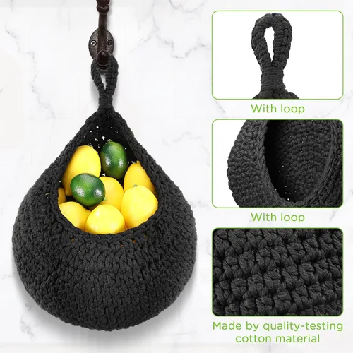 Miniatura 4 de Dandat Cestas de frutas colgantes grandes para cocina, diseño de lágrima, cestas de pared, soporte bohemio tejido a mano para cocina, verduras