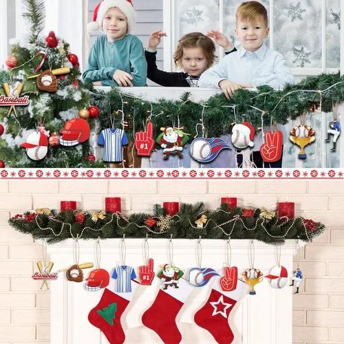 Miniatura 7 de 24 piezas de adornos de bolas de deporte navideñas, juego de adornos de bolas de deporte navideñas de madera, fútbol, baloncesto, béisbol, fútbol
