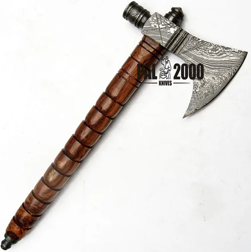 Miniatura 2 de Hacha de acero de Damasco hecha a mano, hacha de hacha Tomahawk, cuchillo, mango de madera de rosa maciza, pulgadas, hacha