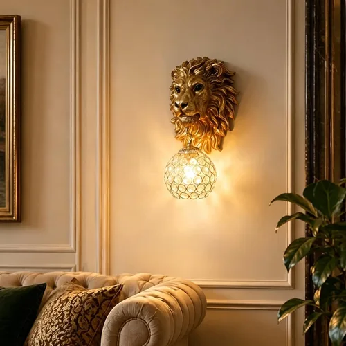 Aplique de pared dorado con cabeza de león cableado, lámpara de pared de cristal vintage para sala de estar, dormitorio, pasillo, lámpara de pared