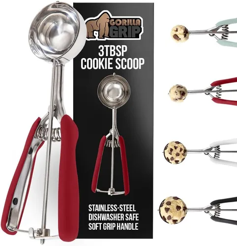 Miniatura 18 de GORILLA GRIP Cuchara para galletas de acero inoxidable sin BPA, cuchara #20 de 3 cucharadas soperas, mango de agarre suave, fácil liberación de Negro