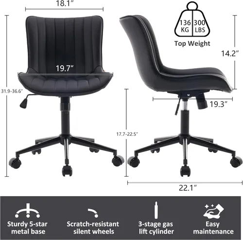 Miniatura 2 de Kidol & Shellder Silla de escritorio de oficina con ruedas, moderna silla giratoria de cuero sin brazos con respaldo acolchado cómodo, ergonómico