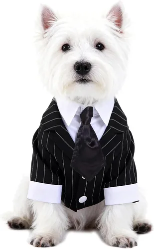 Miniatura 10 de GabeFish Chaquetas de boda para mascotas, traje para perros con pajarita, cachorro, gato, ropa formal camisa esmoquin (negro, S