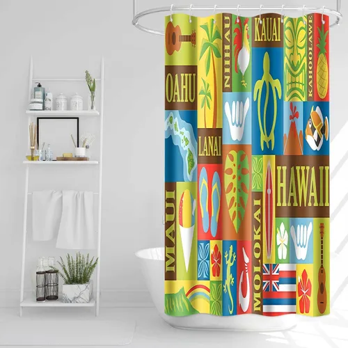 Cortina de ducha hawaiana, retro hawaiano exótico Tiki cortinas de ducha de baño, juego de cortinas de baño con temática tropical Aloha con 6