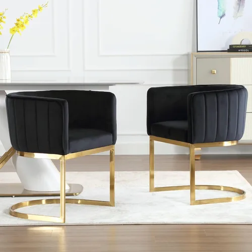 chairus Juego de 2 sillas de comedor de terciopelo negro, sillas de comedor tapizadas tipo barril con patas de metal dorado y respaldo con acanalado