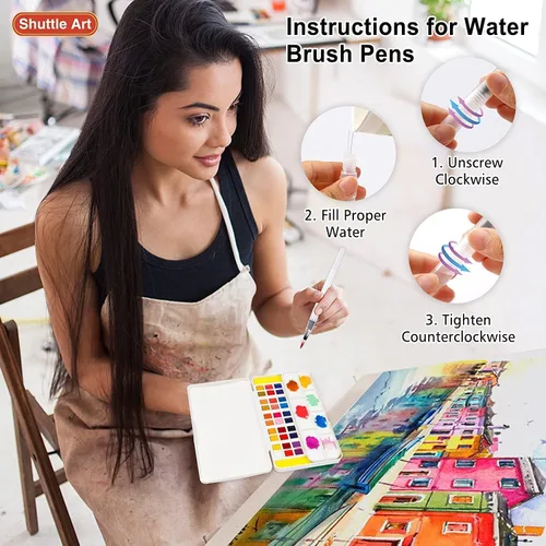Miniatura 9 de Shuttle Art - Juego de pintura de acuarela de 48 colores en medias bandejas con 2 bolígrafos de pincel de agua, 10 pinceles de pintura, 1