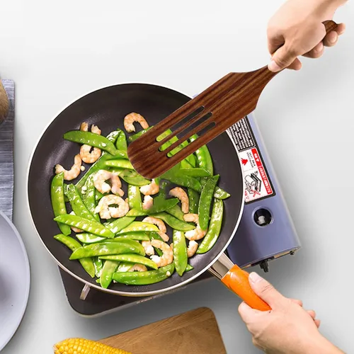 Miniatura 9 de Espátula larga de madera para cocinar, utensilios de cocina antiarañazos de 12.2 pulgadas, espátula de madera natural con mango ergonómico