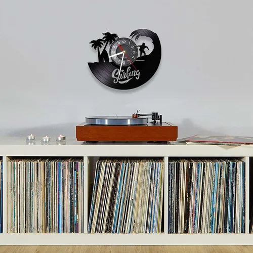 Miniatura 3 de Reloj de pared de disco de vinilo de 12 pulgadas, hecho de corte láser, tabla de surf, palma de coco, verano, deportes marinos, reloj de pared