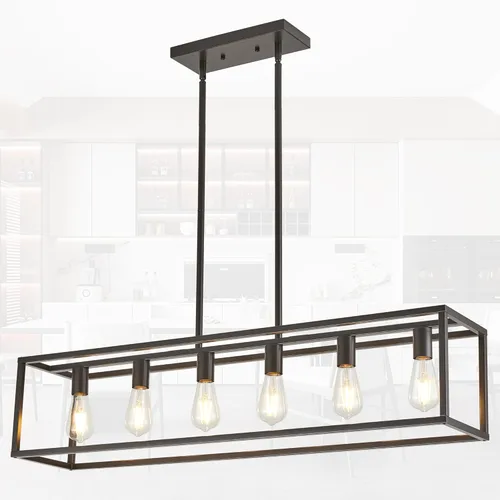 Miniatura 29 de Lámparas de Cocina para Comedor, Candelabros Rectangulares de Estilo Granja para Comedores, Lámpara Colgante Industrial de 5 Luces en Negro Mate