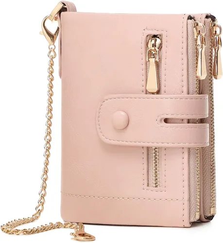 Miniatura 8 de AOXONEL Billeteras pequeñas de cuero plegable Rfid para mujer, billetera de viaje tamaño mediano con cadena de muñeca extraíble, ranuras