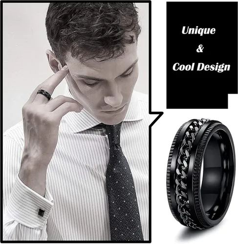 Miniatura 6 de HUXICUI 4-Pcs Wedding Band Ring Set for Men Womens Fidget Spinner Rings for Anxiety Stress Relief Black Engagement Ring Set