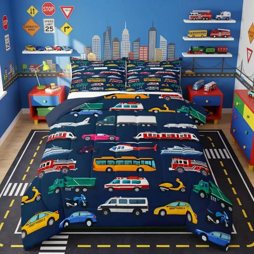 Miniatura 9 de Erosebridal Juego de ropa de cama de tren de dibujos animados para niños y niños, edredón de plumón de vehículos para niños, decoración