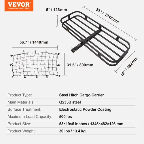 Miniatura 7 de VEVOR Portaequipajes de Enganche de 53 x 19 5 pulgadas, Cesta de Montaje para Remolque con Capacidad de 500 libras, Rack Portaequipajes de Acero que