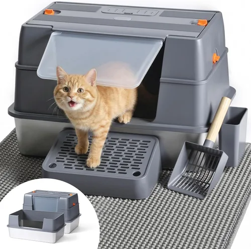 Miniatura 9 de Caja de arena cerrada de acero inoxidable para gatos con tapa y alfombra, caja de arena extra grande para gatos con cajón, caja de metal para gatos