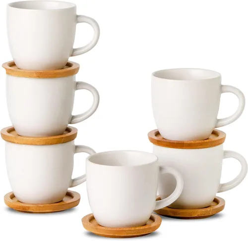 HASENSE Juego de 6 tazas y platillos de espresso de 3 onzas, tazas Demitasse con asa para bebidas de café, café con leche, capuchino, café moca y