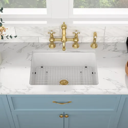 Miniatura 3 de Sarlai Fregadero de cocina blanco de 27 pulgadas de 27 x 19 pulgadas, fregadero de cocina blanco de doble caída y montaje inferior, de arcilla
