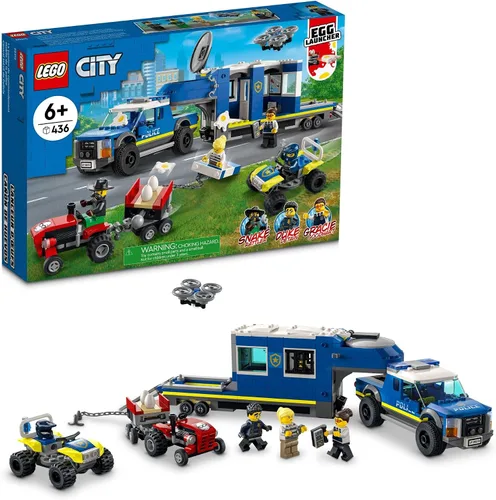 LEGO Camión de mando móvil de la policía de la ciudad con remolque de prisión, dron, tractor y ATV juguetes de coche más 4 minifiguras, ideas de