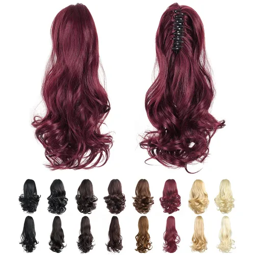Miniatura 48 de Extensiones de cola de caballo, extensiones de cabello rizado con clip de garra de color marrón oscuro para mujer, peluca sintética de cola