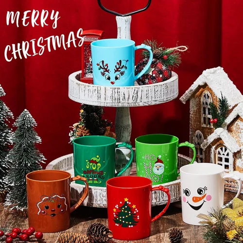 Miniatura 4 de Suclain 6 tazas de plástico – Tazas de café de Navidad y vacaciones de 15 onzas con asa – Tazas de Papá Noel y muñeco de nieve para niños