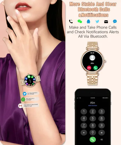 Miniatura 2 de Reloj para mujer, pantalla AMOLED HD de 1.25 pulgadas, reloj inteligente para mujer, rastreador de actividad física con monitor de frecuencia Dorado