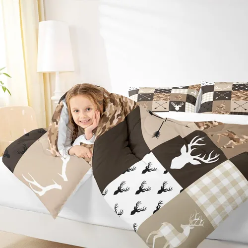 Miniatura 93 de Juego de edredón de cuernos de ciervo tamaño individual, juego de ropa de cama rústica de granja con huellas de oso y pinos para decoración