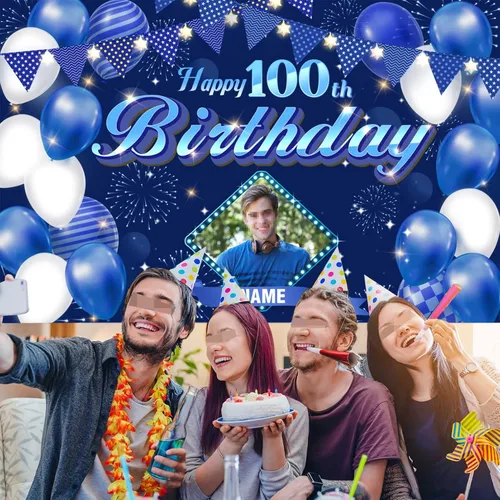 Miniatura 6 de Dicodes Fondo de decoración de feliz cumpleaños número 100 color azul marino personalizado, cartel con purpurina, pancarta, suministros