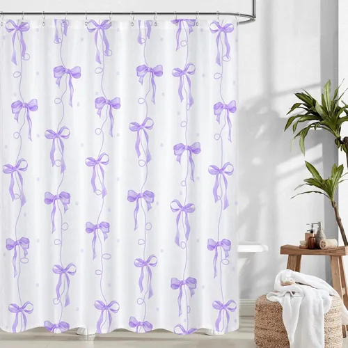 Miniatura 14 de Cortina de ducha con lazo negro, bonita cortina de ducha coqueta estética para adolescentes y niñas, decoración de tela impermeable con 12 ganchos