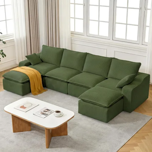 Miniatura 12 de Sofá modular sin hueso de 107 pulgadas con otomana, sofá modular de pana con asiento profundo tapizado, moderno sofá modular con tumbonas